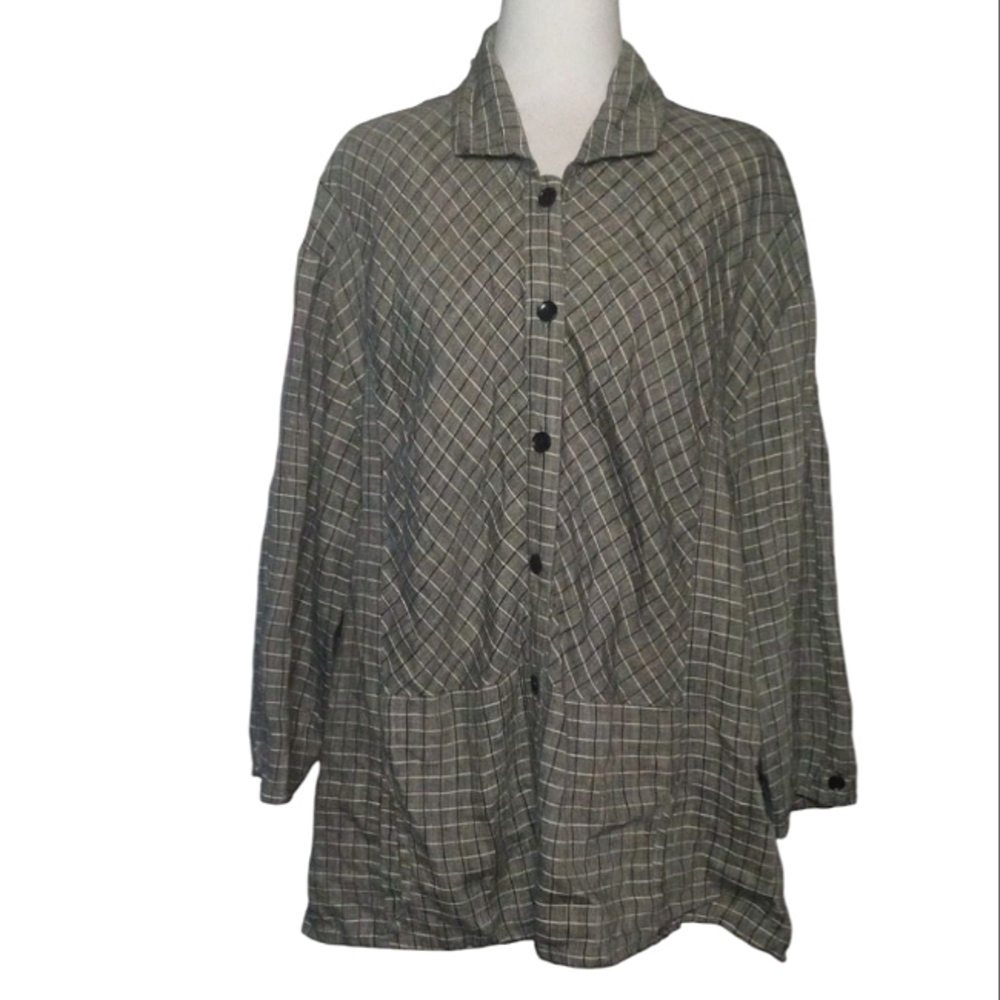 Flax Black Cream Button Front Grid Print 100% Linen Shacket Front Pockets Large